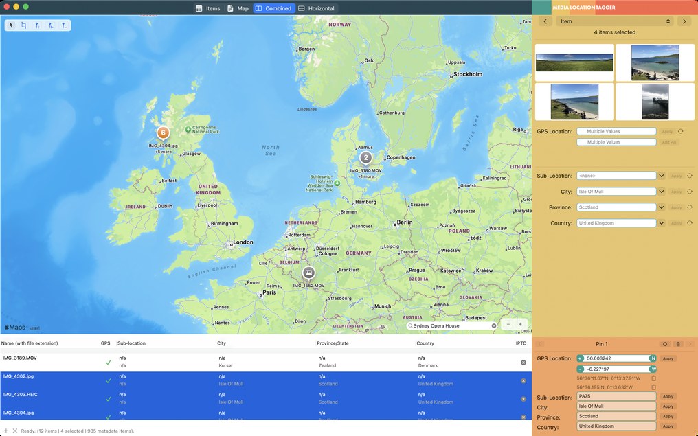 Media Location Tagger main window: a map with photo clusters across Europe above a file table showing GPS and IPTC status for each photo and video, with location suggestions in the sidebar