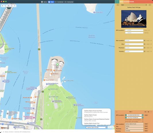Map view zoomed on the Sydney Opera House with a pin dropped on it, the place search open with suggestions, and the sidebar showing the pin's GPS coordinates and suggested IPTC location fields ready to apply
