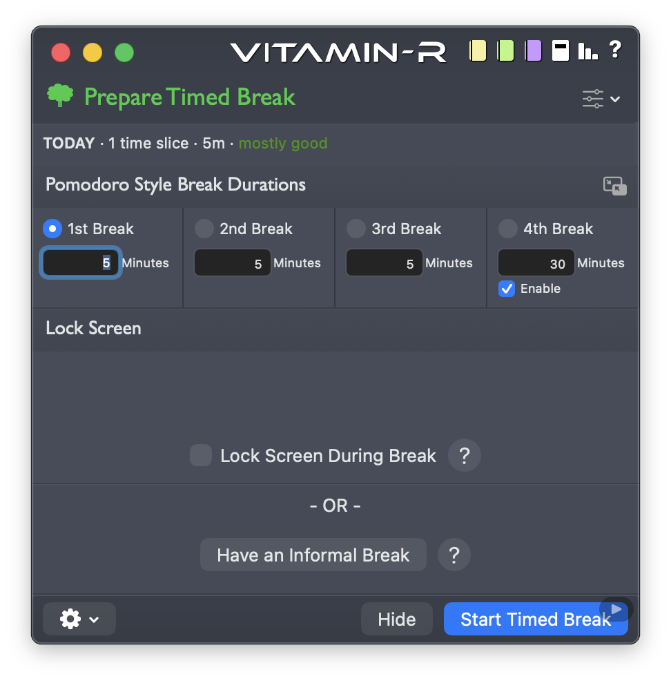 Preparing a timed break with Pomodoro-style durations