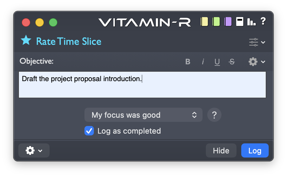 Rating a finished time slice to close the loop with a quick reflection