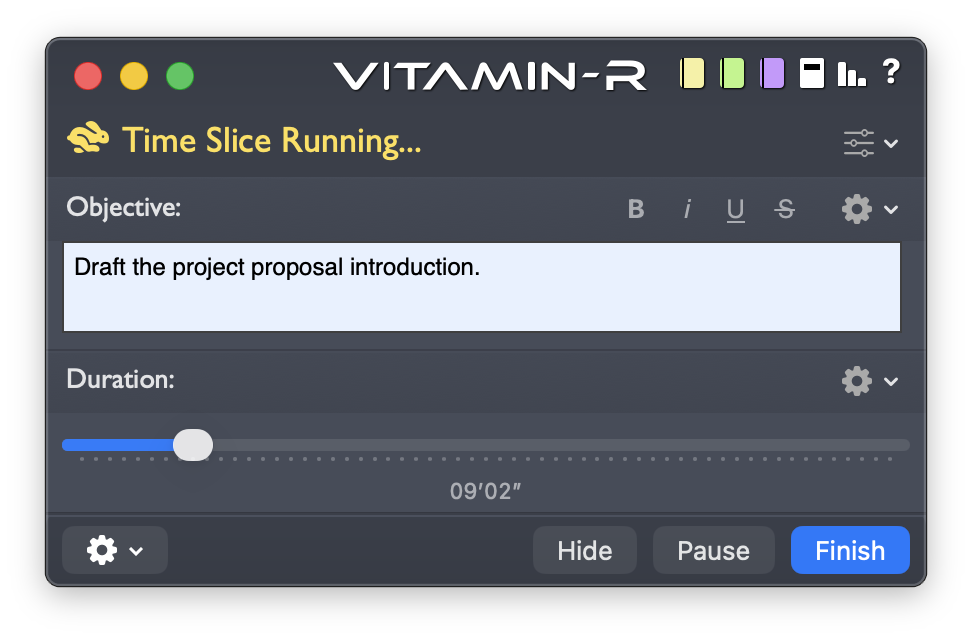 A Vitamin-R time slice running, with the objective held on screen and time remaining