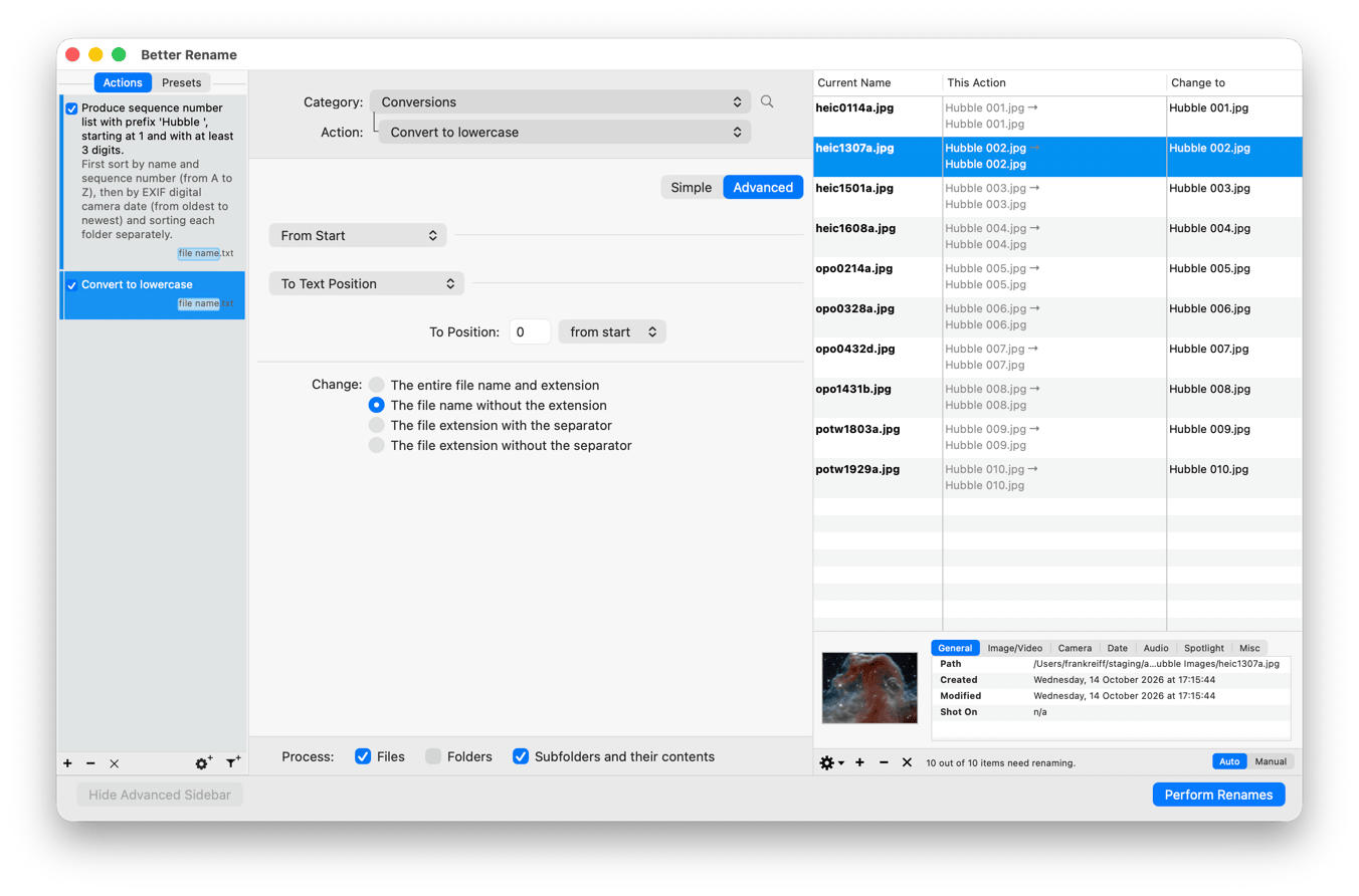 The Advanced Sidebar open on the Actions tab, with a two-step rename: a sequence number action followed by a case conversion, and the preview showing the result of each step
