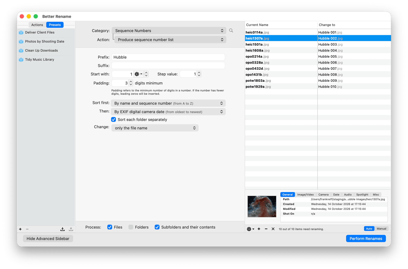 The Advanced Sidebar open on the Presets tab, listing four saved presets, with the add, remove, import and export buttons under the list
