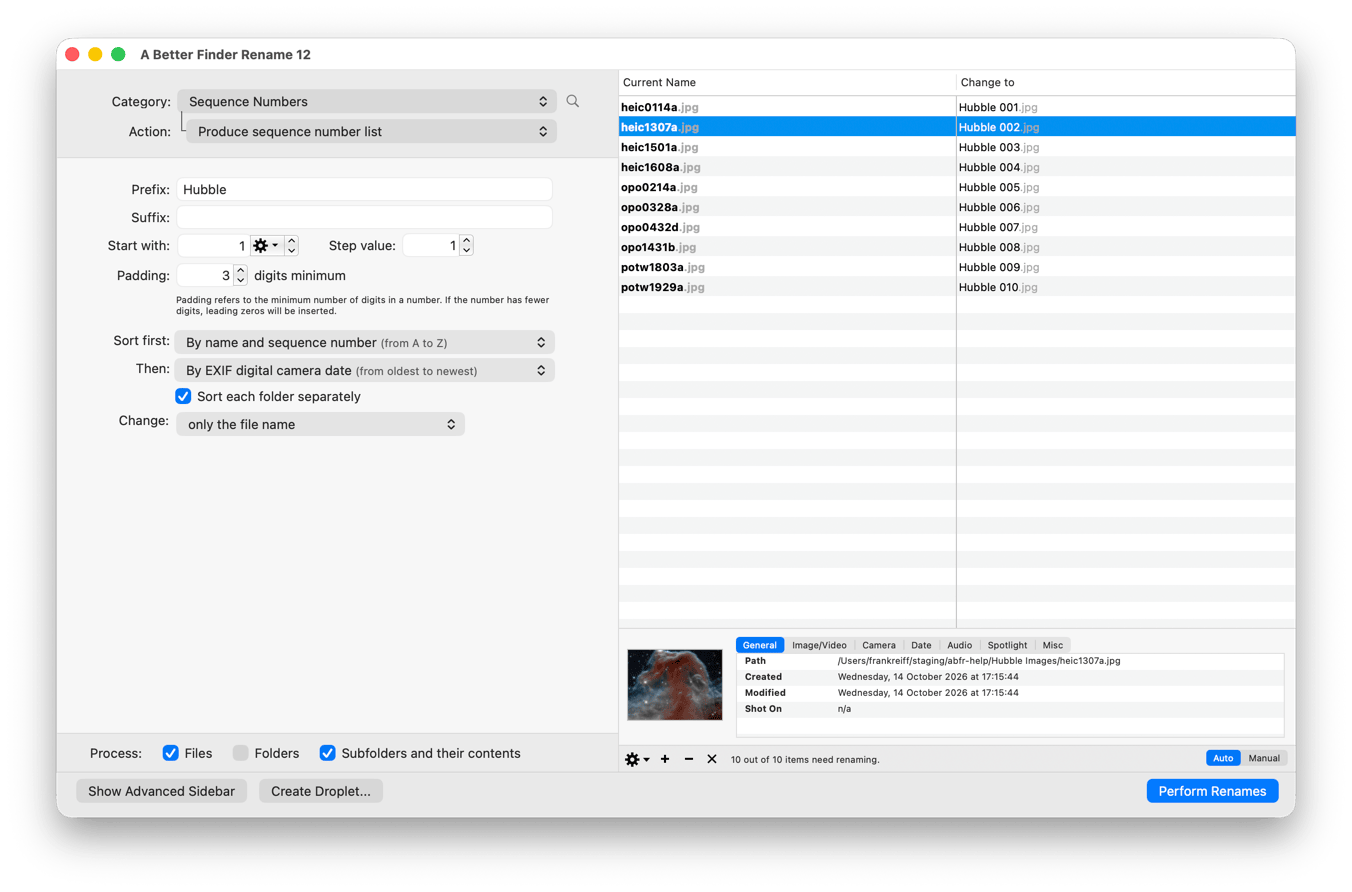 The main window of A Better Finder Rename: category and action popups and the action parameters on the left, the preview table with the current and new names on the right, the info pane with the meta-data tabs below it