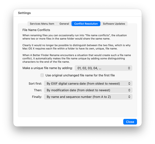 The Conflict Resolution tab of the Settings window, with the numbering scheme popup and the three sort order popups