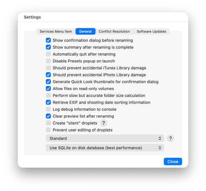 The General tab of the Settings window with its list of checkboxes, the rename mechanism popup and the database popup
