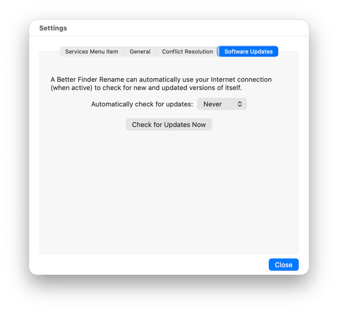 The Software Updates tab of the Settings window, with the update frequency popup and the Check for Updates Now button
